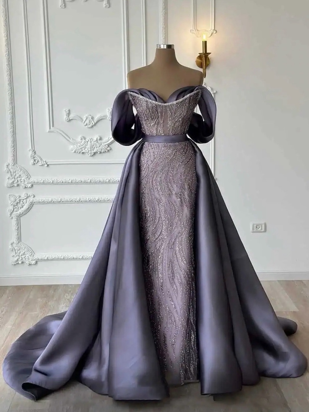 Off the Shoulder Sleeveless Overskirt Sweep Train Satin/Sequined Couture Gown